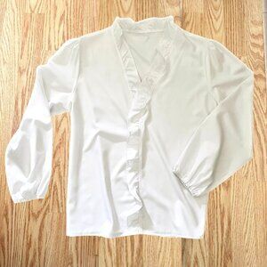 Womens White Ruffled V Neck Blouse Sz 3XL Long Sleeve Romantic Feminine Coquette